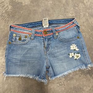True Religion Light Blue Kids Shorts with Floral Embroidery